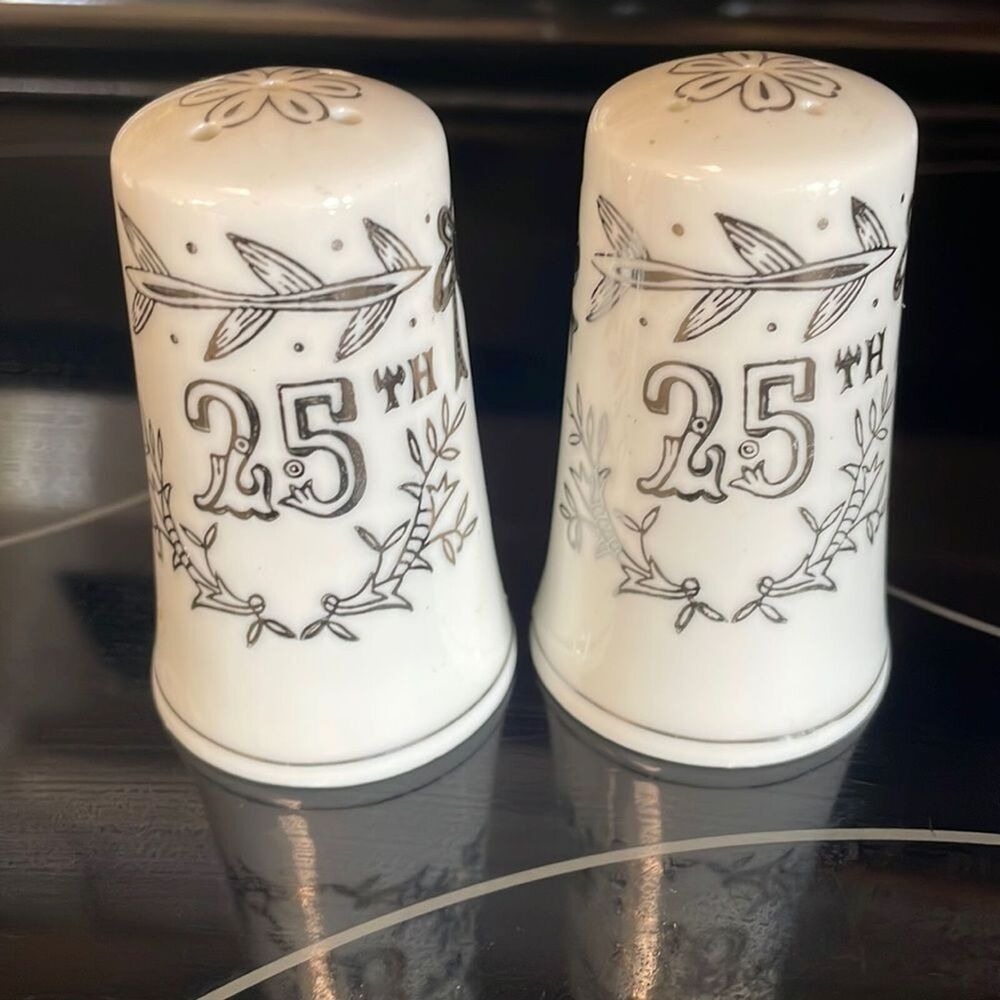 Vintage Lefton's 1957 25th Anniversary Salt & Pepper Shakers Silver Japan